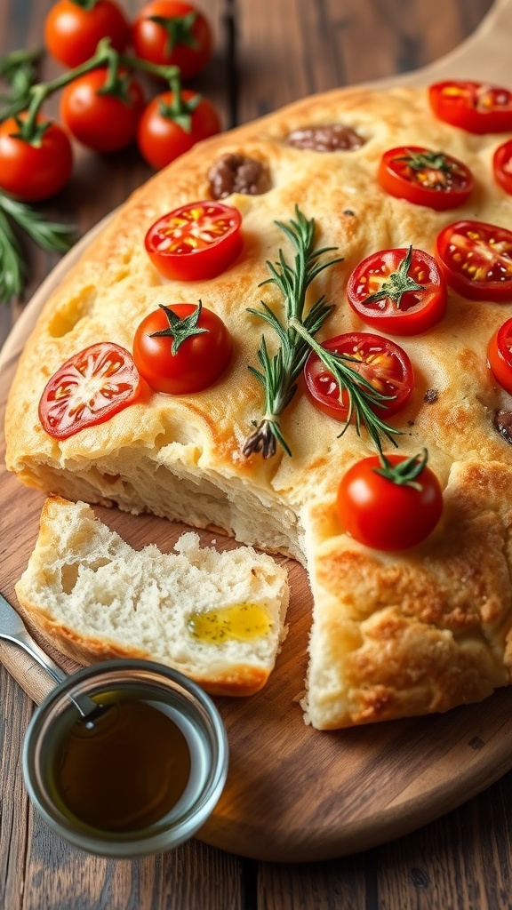 A golden focaccia bread topped with cherry tomatoes and rosemary on a wooden table, sliced and ready to serve.